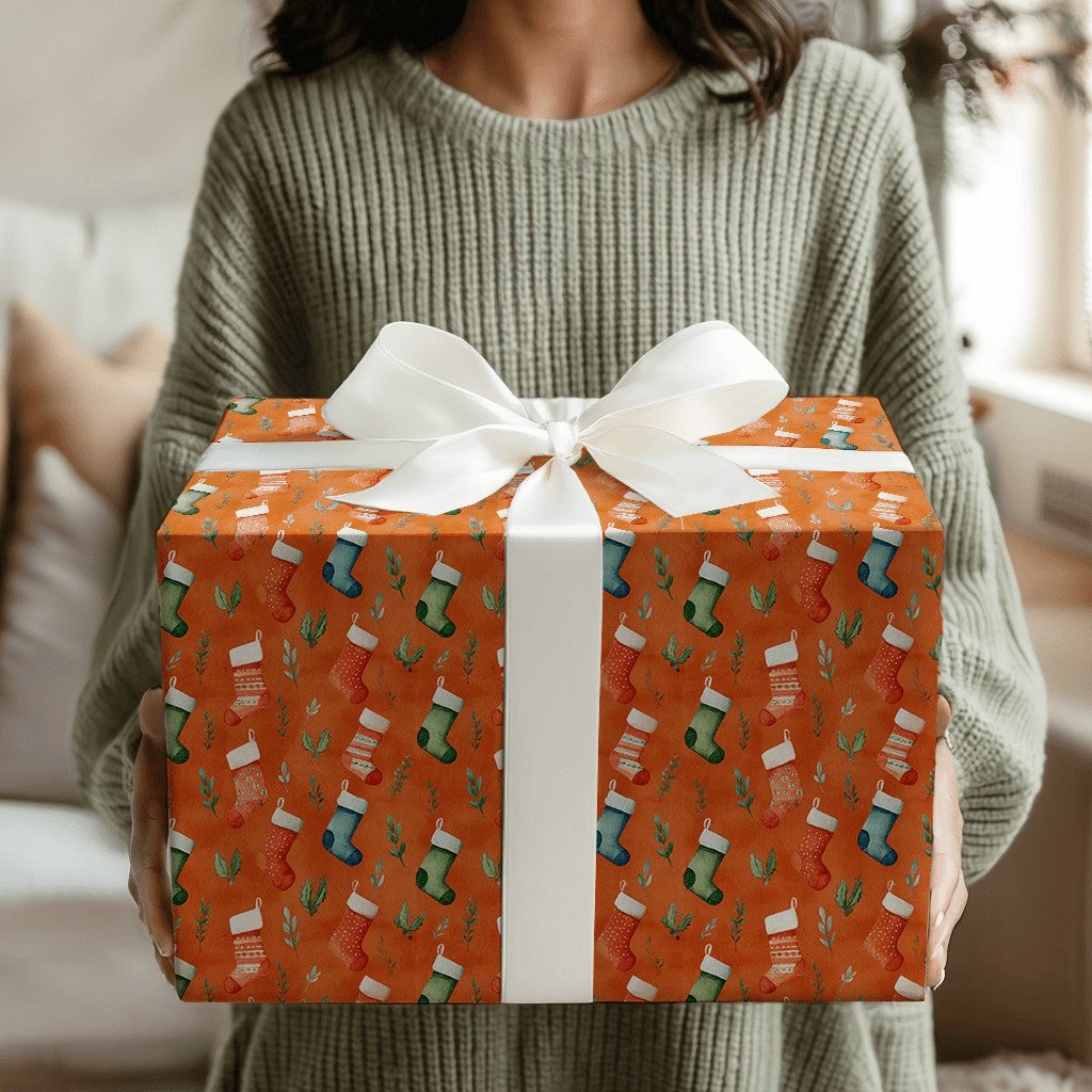 Watercolor Greenery Wrapping Paper, Christmas Stocking Wrapping Paper, Orange Holiday Gift Wrap, Festive Winter Present Wrapp