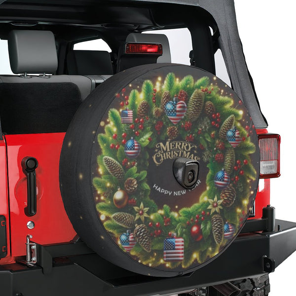 Patriotic Holiday Wheel Cover, American Flag Christmas Wreath Spare Tire Cover, Festive Xmas Tire Protector, Waterproof SUV C