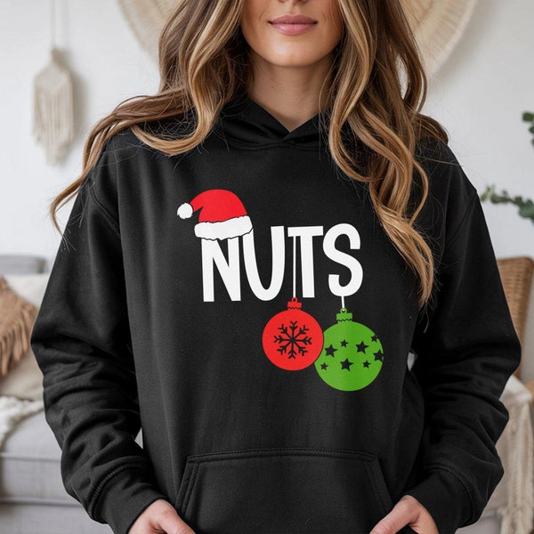 Humorous Holiday Ornament Graphic Sweatshirt, Nuts Christmas Hoodie, Couple Xmas Hooded Pullover, Festive Winter Apparel Pres