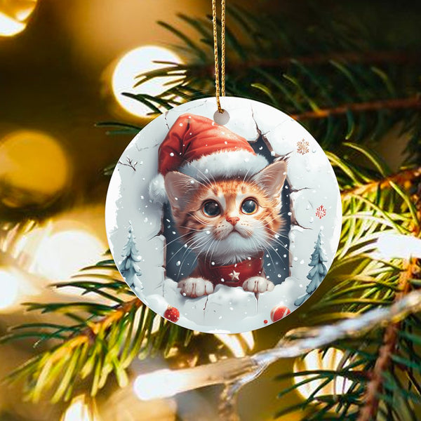 Santa Hat Kitten Holiday Ornament, Adorable Ginger Cat Christmas Ornament, Ceramic Pet Lover Tree Ornament, Winter Keepsake P
