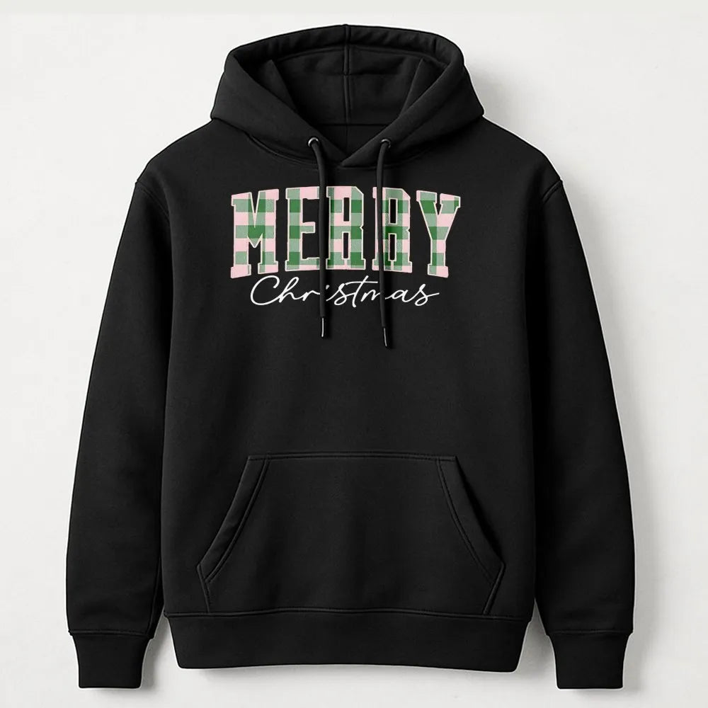 Buffalo Plaid Checkered Lettering Sweatshirt, Merry Christmas Hoodie, Comfy Holiday Winter Pullover, Festive Christmas Party 