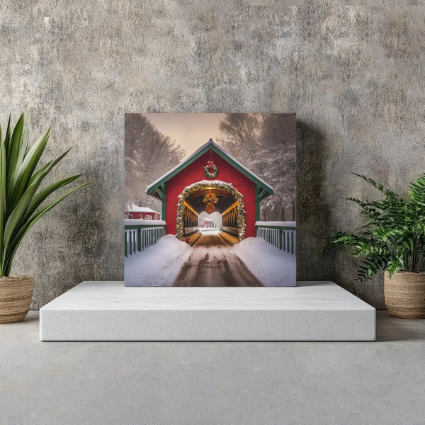 Snowy Red Barn Winter Canvas Wall Art, Christmas Covered Bridge Canvas Print, Holiday Season Landscape Canvas Art, Comfy Wint