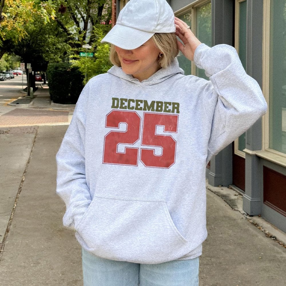 Retro Varsity Holiday Sweatshirt, December 25 Christmas Hoodie, Vintage 25 Number Hooded Pullover, Comfy Xmas Winter Hoodie, 