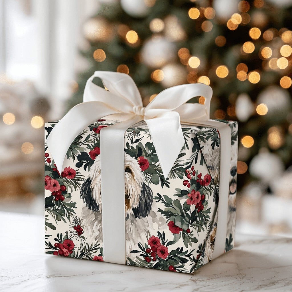 Christmas Dog Gift Wrap, Old English Sheepdog Wrapping Paper, Holiday Floral Wrapping Paper, Dog Lover Present Wrap, Winter G