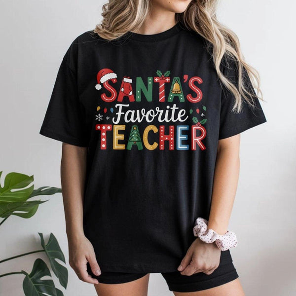Festive Holiday School Graphic Tee, Santa's Favorite Teacher T-Shirt, Retro Educator Christmas Shirt, Adorable Teacher Christ