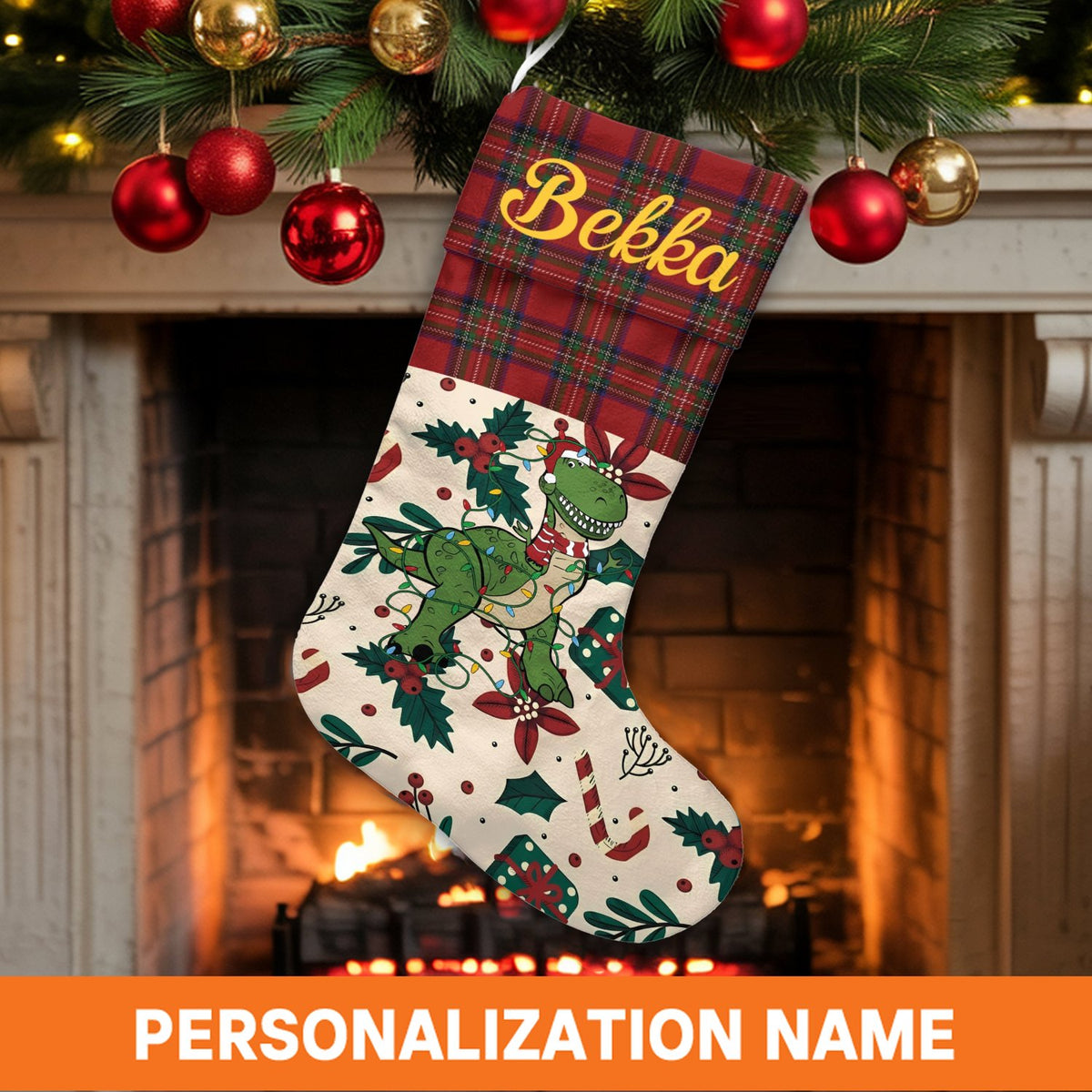 Custom Name Red Plaid Stocking, Personalized Dinosaur Christmas Stocking, Dino Holiday Mantel Decor, Velboa Kids Christmas St