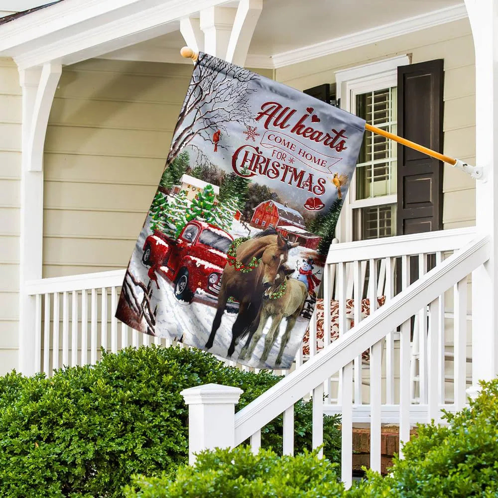 Red Truck Winter Horse Yard Flag, All Hearts Come Home for Christmas Garden Flag, Double-Sided Holiday Farmhouse Lawn Flag, X