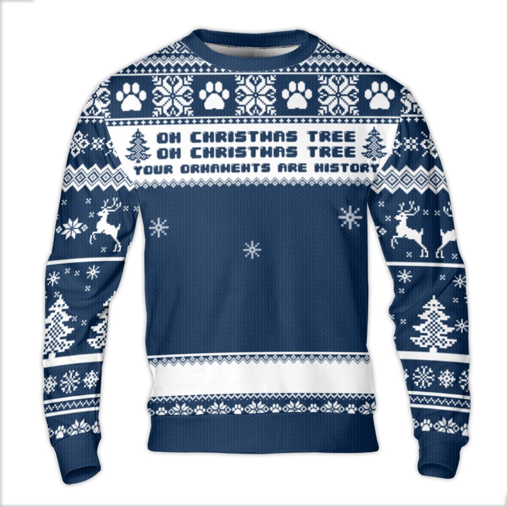 Oh Christmas Tree Paw Print Holiday Sweatshirt, Dog Lover Ugly Christmas Sweater, Humorous Pet Parent Fleece Party Crewneck