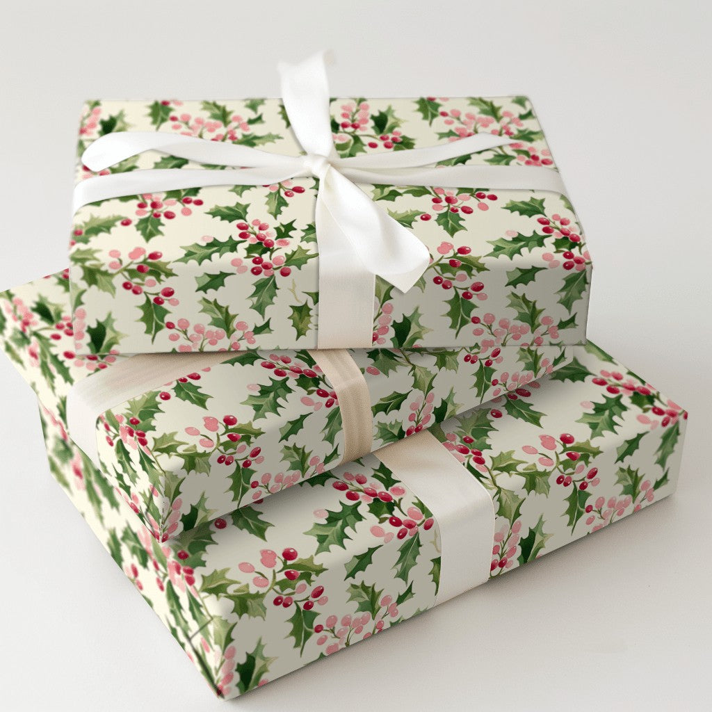 Christmas Botanical Gift Wrap, Watercolor Holly Wrapping Paper, Vintage Holiday Berry Wrapping Paper, Winter Christmas Gift W