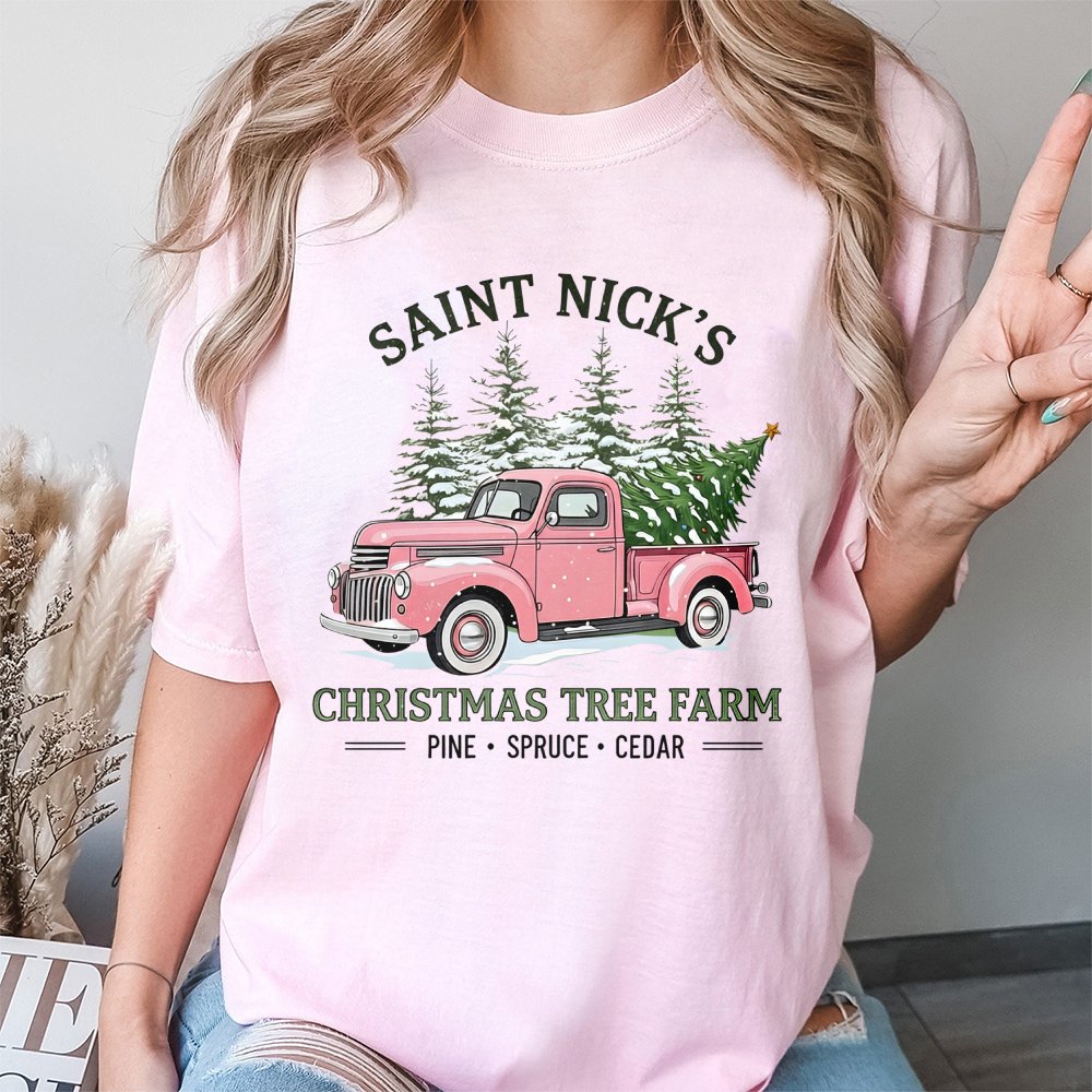 Pink Vintage Truck T-Shirt, Saint Nick's Christmas Tree Farm T-Shirt, Retro Holiday Farm Graphic T-Shirt, Adorable Xmas Tree 