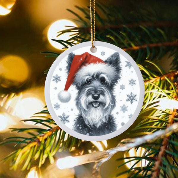 Dog Holiday Tree Decor, Schnauzer Santa Hat Christmas Ornament, Ceramic Puppy Keepsake, Personalized Pet Lover Xmas Tree Deco