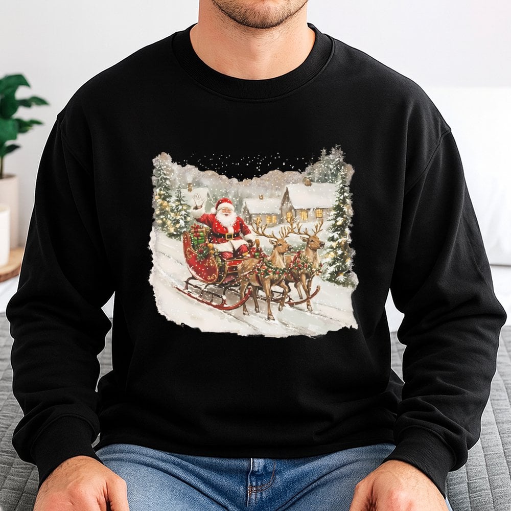 Santa Claus Reindeer Sleigh Crewneck, Vintage Christmas Village Sweatshirt, Retro Winter Holiday Scene Pullover, Comfy Xmas T