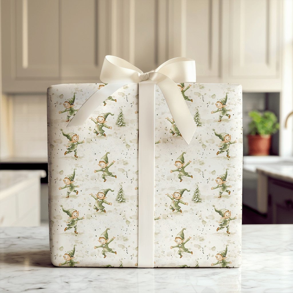 Watercolor Christmas Elves Gift Wrap, Dancing Elves Wrapping Paper, Festive Pine Tree Holiday Paper Roll, Adorable Elf Xmas W