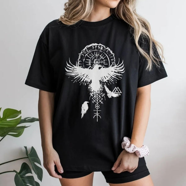 Viking Raven T-Shirt | Vegvisir Norse Compass & Runes Graphic | Premium Cotton Tee | Mythology Fan Gift