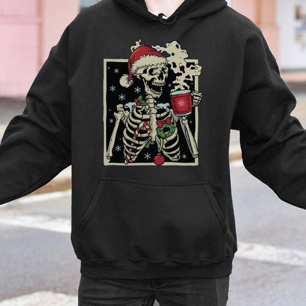Humorous Holiday Coffee Sweatshirt, Dead Inside but Jolly Christmas Skeleton Hoodie, Spooky Creepy Xmas Pullover, Skeleton Co