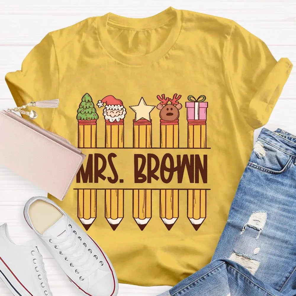 Custom Name Holiday Graphic Tee, Personalized Christmas Pencil Shirt, Adorable Teacher Christmas T-Shirt, Back to School Xmas