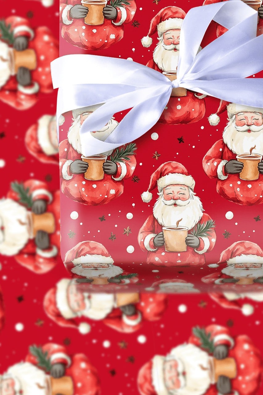 Red Cocoa Santa Claus Gift Wrap, Adorable Santa Christmas Wrapping Paper, Snowflake Holiday Wrapping Paper, Retro Xmas Gift W