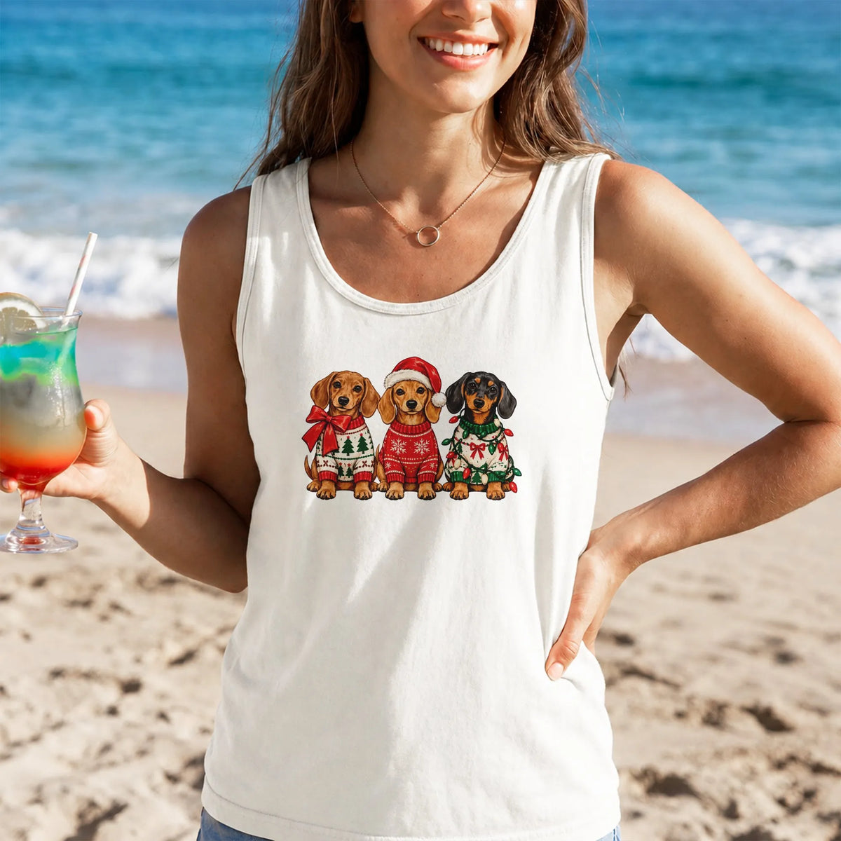 Wiener Dog Christmas Tank, Christmas Dachshund Tank Top, Retro Holiday Dachshund Sleeveless Tee, Adorable Dog Lover Xmas Pres