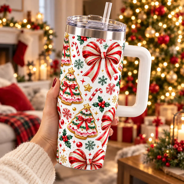 Red Ribbon Gingerbread Tree Cookie 40oz Tumbler, Candy Stripe Bow Christmas Tumbler, Holiday Candy Cane Insulated Tumbler, Xm