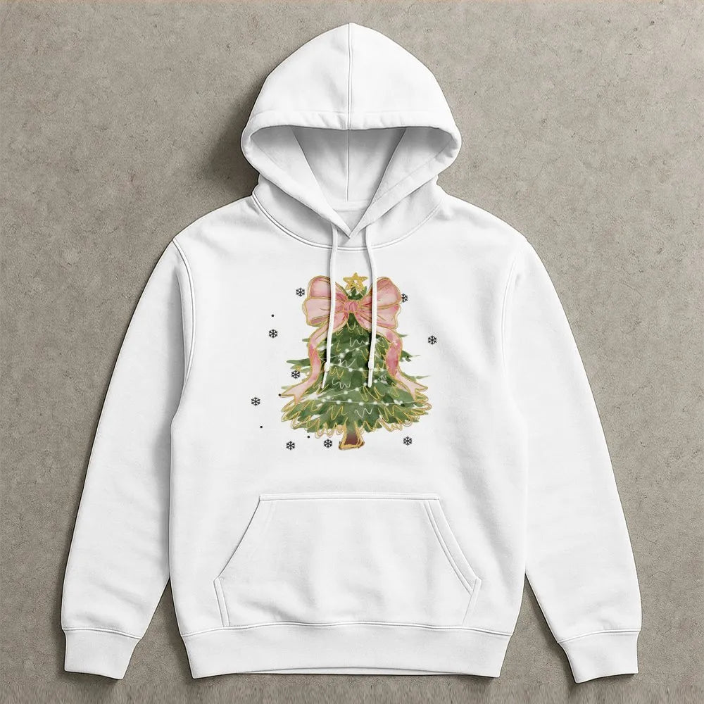 Pink Bow Aesthetic Hoodie, Coquette Christmas Tree Hoodie, Adorable Girly Xmas Tree Hoodie, Pastel Holiday Pullover, Winter P