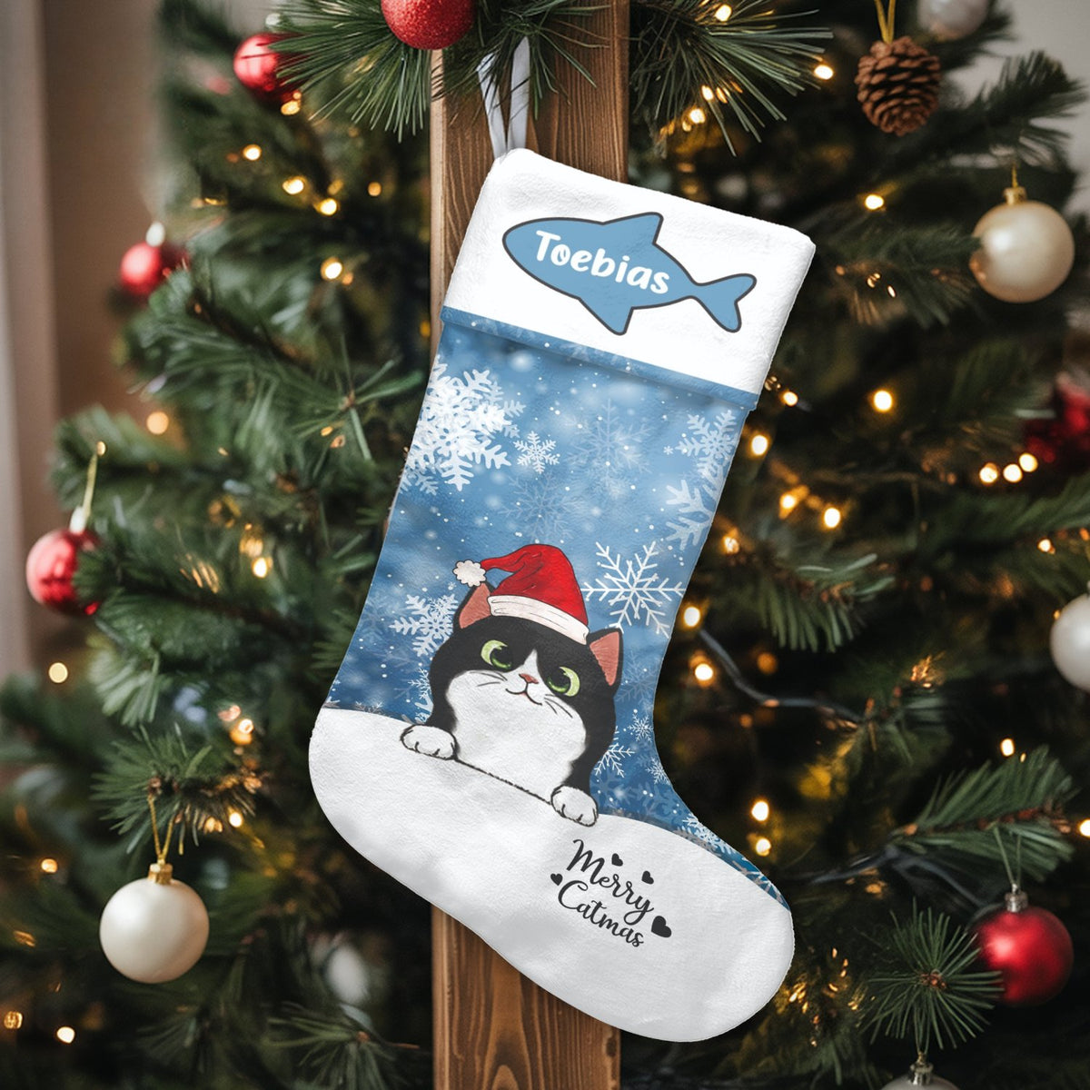 Kitten Christmas Stocking, Tuxedo Cat Christmas Stocking, Pet Lover Holiday Stocking, Comfy Winter Fireplace Mantel Decor, Ca