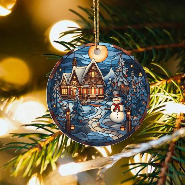 Comfy Cabin Winter Ceramic Ornament, Stained Glass Snowman Christmas Ornament, Festive Holiday Tree Ornament, Keepsake Decor,