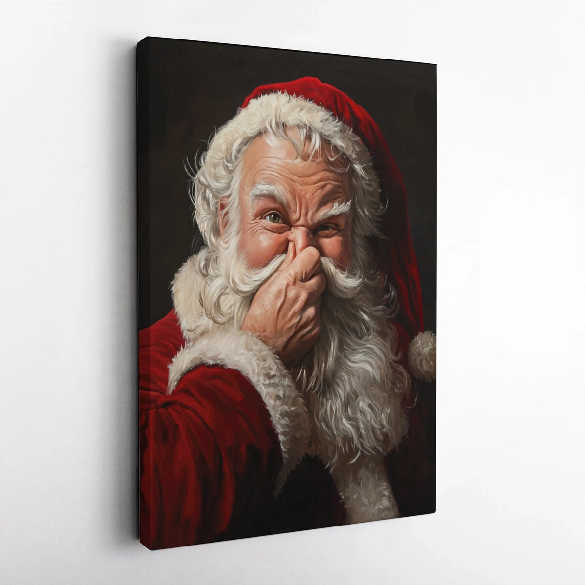 Whimsical Holding Nose Canvas Print, Humorous Santa Claus Canvas Wall Art, Christmas Holiday Portrait Canvas, Xmas Wall Decor