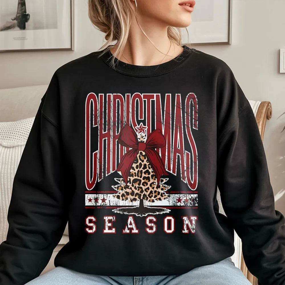 Coquette Bow Christmas Sweatshirt, Leopard Print Tree Sweatshirt, Trendy Holiday Tree Sweater, Adorable Winter Crewneck Sweat