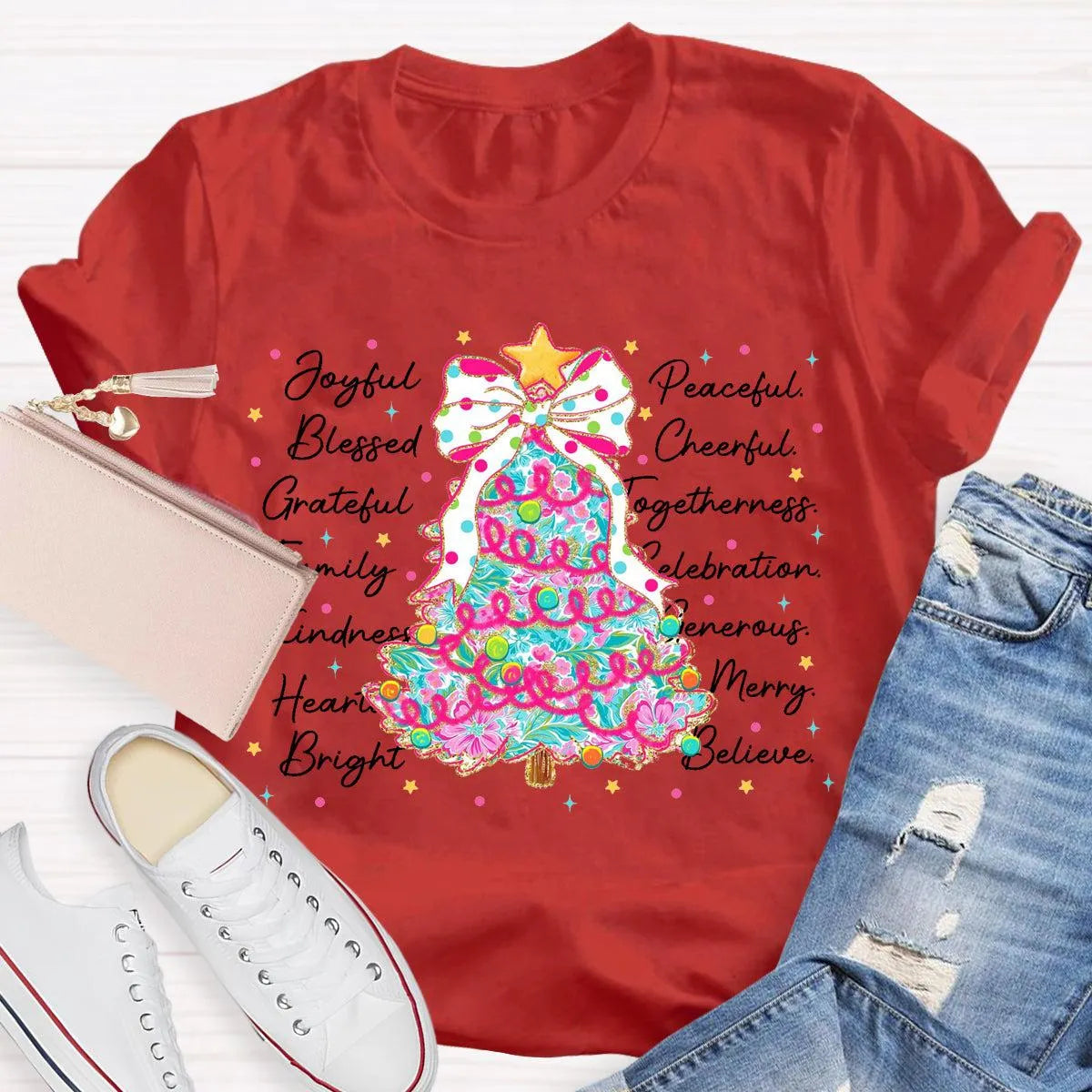 Aesthetic Holiday Graphic Tee, Joyful Peaceful Cheerful Christmas Tree T-Shirt, Retro Xmas Tree Shirt, Festive Winter Holiday