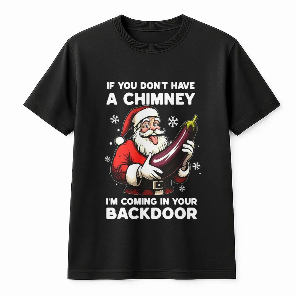 Dirty Christmas Adult Humor Graphic Tee, Humorous Naughty Santa Eggplant T-Shirt, Sarcastic Rude Xmas Shirt, Gag Present for 