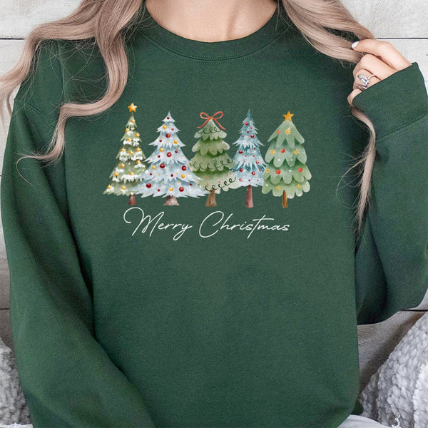 Merry Christmas Sweatshirt, Watercolor Christmas Tree Sweatshirt, Adorable Holiday Tree Crewneck Sweatshirt, Winter Graphic P