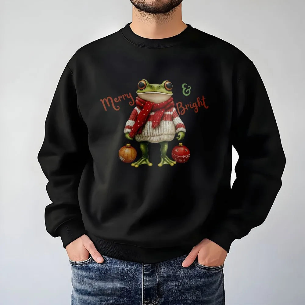 Humorous Christmas Frog Crewneck, Merry and Bright Frog Sweatshirt, Adorable Holiday Animal Sweater, Winter Frog Lover Pullov