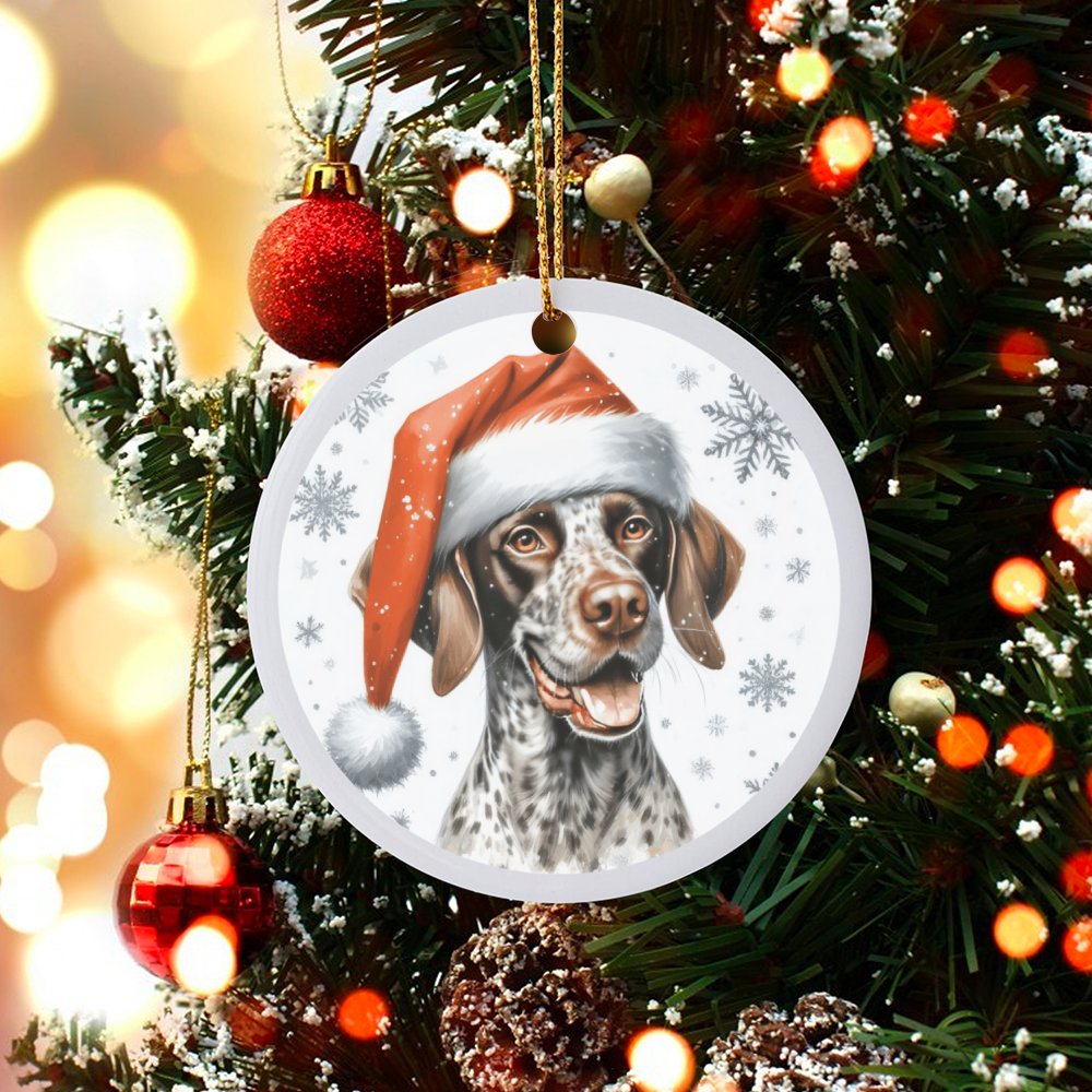 Santa Hat GSP Tree Ornament, German Shorthaired Pointer Christmas Ornament, Pet Dog Ceramic Ornament, Festive Holiday Decor P