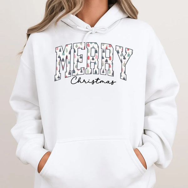Retro Varsity Tree Sweatshirt, Merry Christmas Graphic Hoodie, Comfy Holiday Season Pullover, Winter Xmas Graphic Hoodie for 