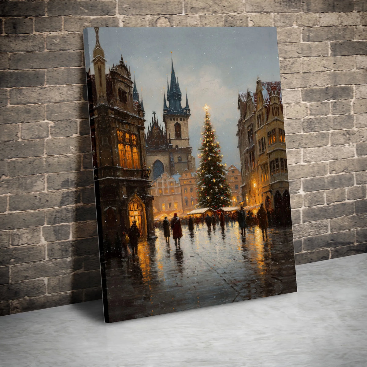 Vintage City Square Winter Wall Art, Snowy European Christmas Market Canvas Art, Comfy Holiday Town Canvas Print, Seasonal Xm