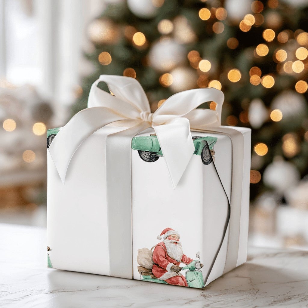 Mint Green Holiday Gift Wrap, Retro Santa Scooter Wrapping Paper, Adorable Christmas Wrapping Paper, Whimsical Winter Wrappin