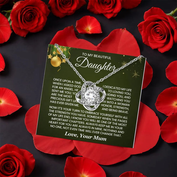 14k White Gold Love Knot Pendant, Love Knot Necklace for Daughter, Rotating Rose Gift Box Necklace, Meaningful Christmas Pres