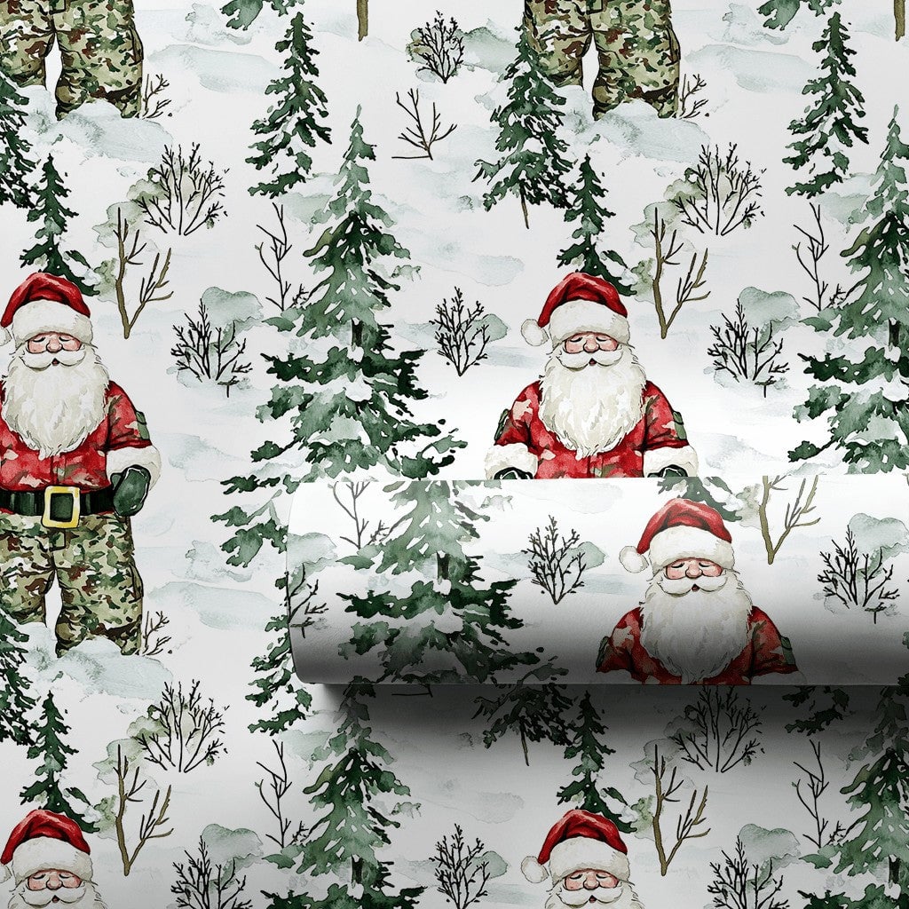 Military Soldier Holiday Gift Wrap, Camo Santa Christmas Wrapping Paper, Camouflage Santa Wrapping Paper, Veteran Present Wra