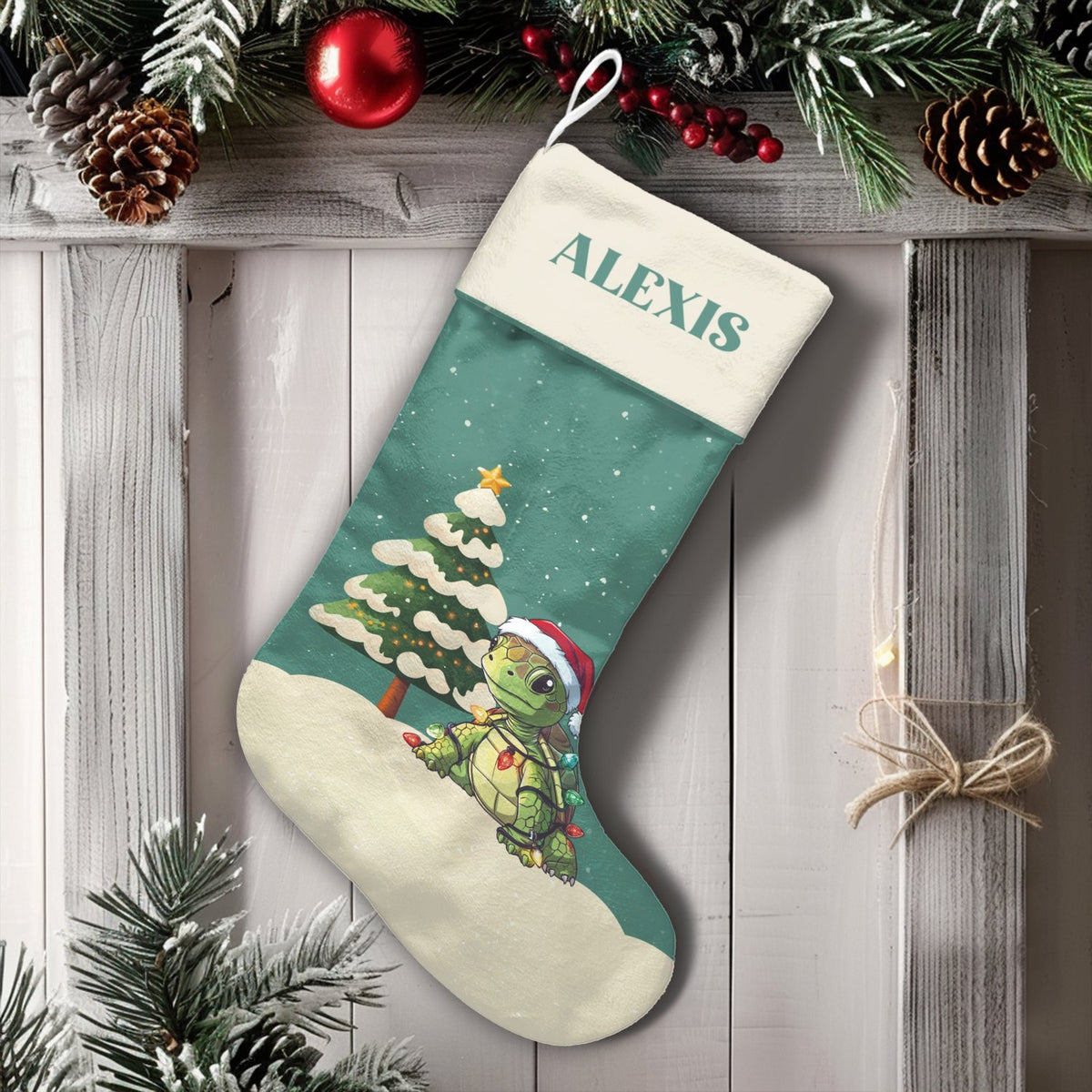 Adorable Santa Hat Tortoise Stocking, Personalized Turtle Christmas Stocking, Custom Name Holiday Stocking, Ocean Animal Kids