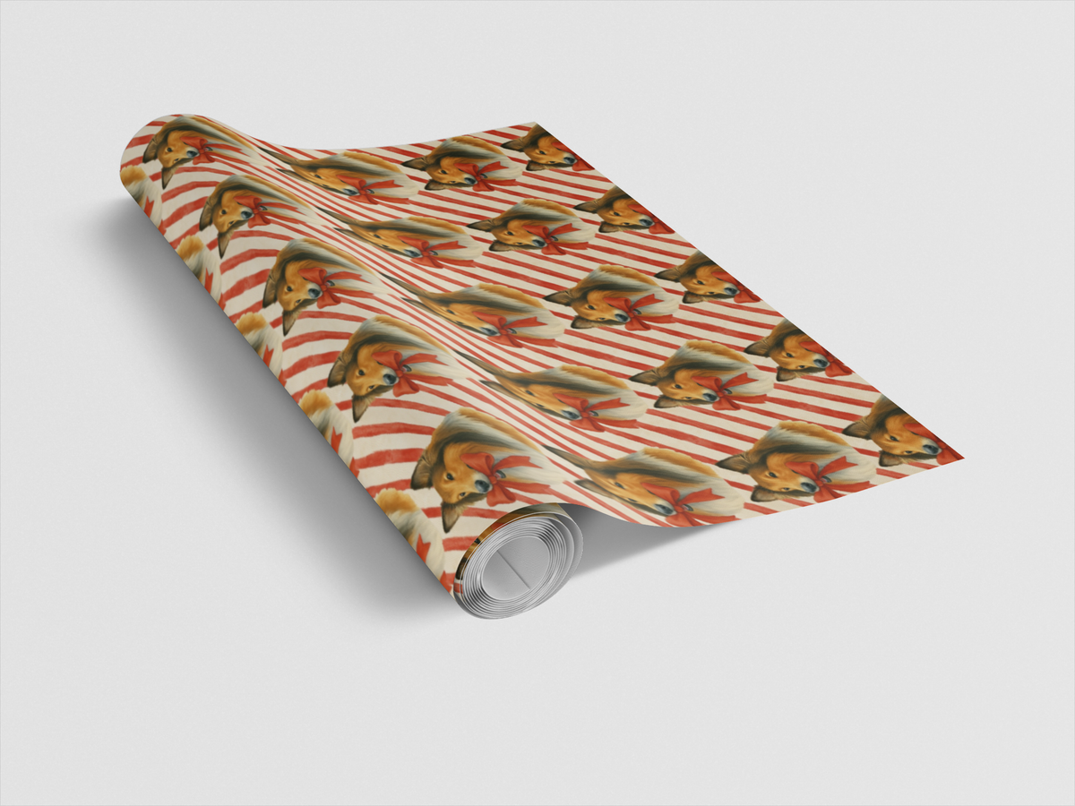 Candy Cane Puppy Gift Wrap, Collie Dog Christmas Wrapping Paper, Holiday Striped Dog Wrapping Paper, Festive Winter Gift Wrap