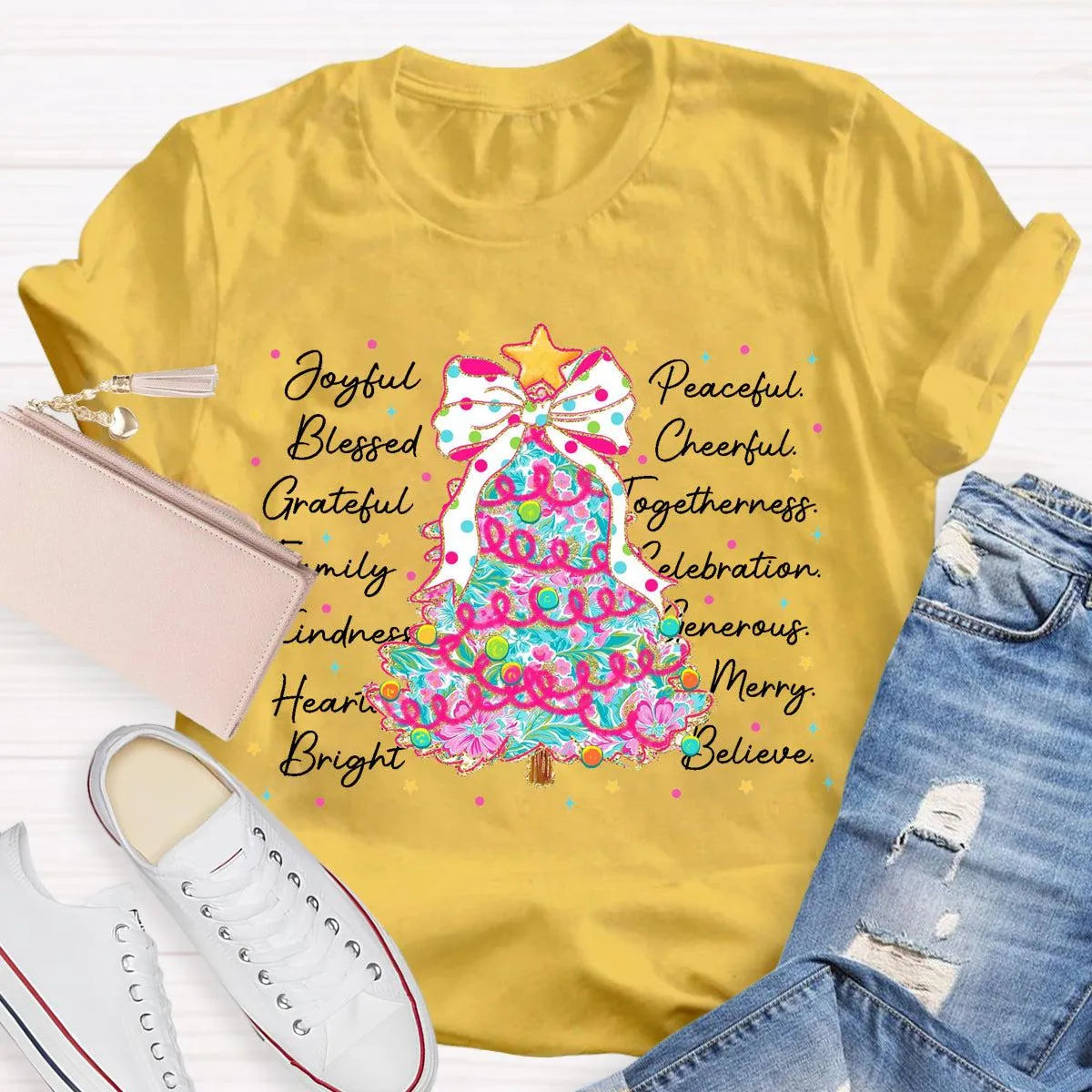 Aesthetic Holiday Graphic Tee, Joyful Peaceful Cheerful Christmas Tree T-Shirt, Retro Xmas Tree Shirt, Festive Winter Holiday