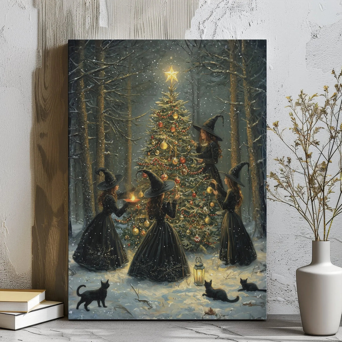 Snowy Forest Gothic Art Canvas, Witches Decorating Christmas Tree Canvas, Witchy Christmas Canvas Print, Dark Cottagecore Hol