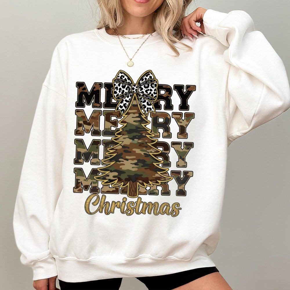 Rustic Leopard Bow Holiday Pullover, Merry Christmas Camo Tree Sweatshirt, Farmhouse Xmas Tree Crewneck, Adorable Winter Seas