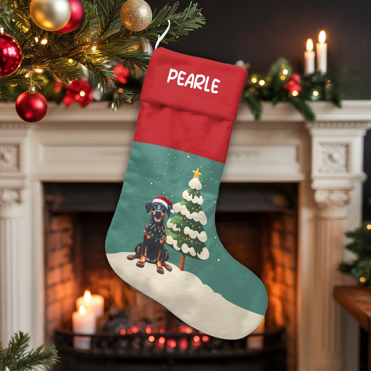 Personalized Dog Christmas Stocking, Doberman Christmas Stocking, Custom Pet Holiday Stocking, Doberman Pinscher Mantel Decor