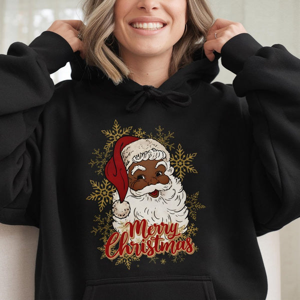 African American Santa Claus Hoodie, Black Santa Hoodie, Merry Christmas Graphic Hoodie, Vintage Holiday Pullover, Festive Wi