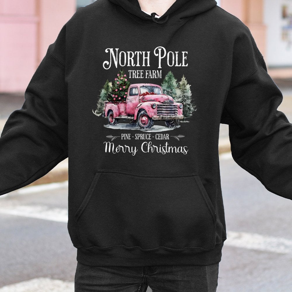 Retro Pink Christmas Truck Sweatshirt, North Pole Tree Farm Hoodie, Festive Farmhouse Holiday Pullover, Comfy Xmas Winter Swe