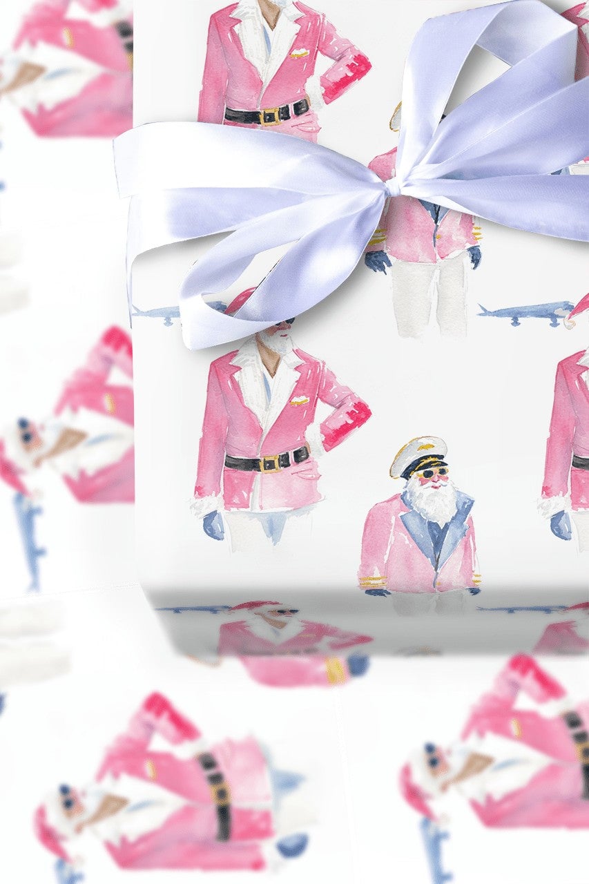Pink Santa Claus Gift Wrap, Pilot Santa Wrapping Paper, Aviation Travel Christmas Paper, Adorable Airplane Gift Wrap, Holiday