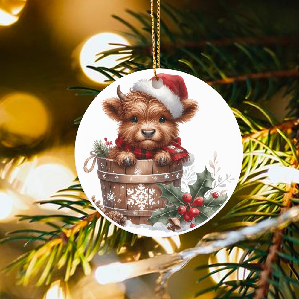 Baby Calf Santa Hat Ornament, Highland Cow Christmas Ornament, Rustic Farmhouse Cow Tree Ornament, Adorable Ceramic Cow Ornam
