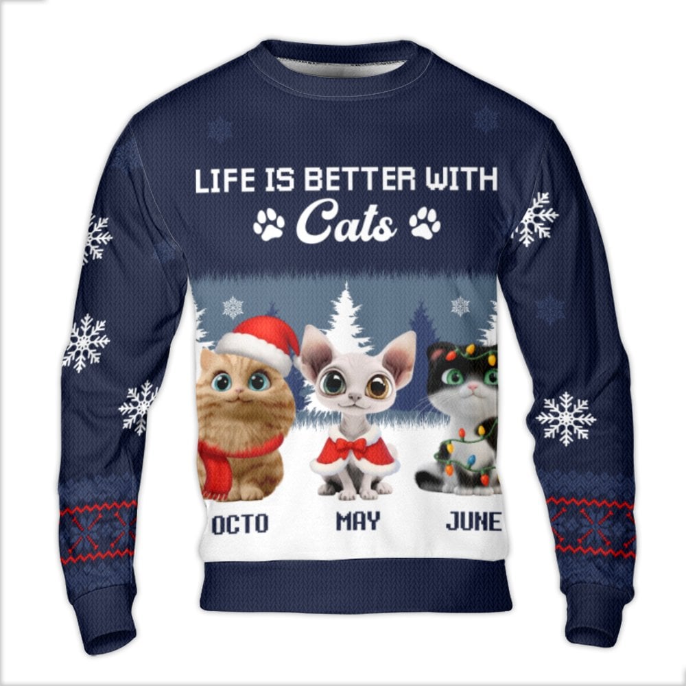 Life is Better with Cats Christmas Sweater, Personalized Cat Ugly Christmas Sweater, Custom Pet Holiday Sweater
