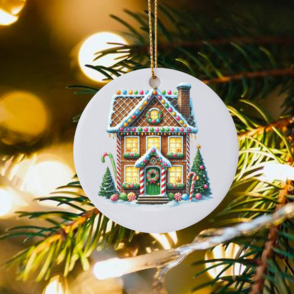 Candy Cane Christmas Ornament, Gingerbread House Ceramic Ornament, Festive Holiday Tree Ornament, Adorable Winter Keepsake, F